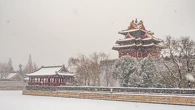 8K延时北京故宫角楼冬季大雪飘扬视频的预览图